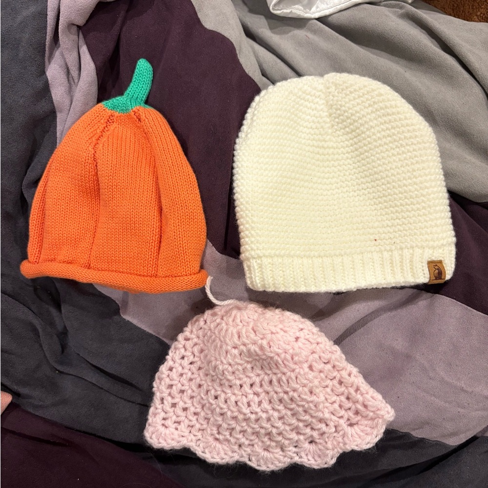 Set of Three Knit Beanies - Orange, White, and Pink